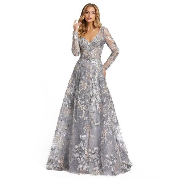 Mac Duggal 20214 Long Sleeve Bead Applique Gown Size 16 Grey Multi Floral NWT‎